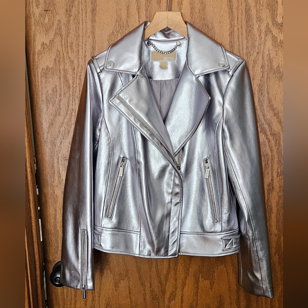 Michael Kors Metallic Silver Vegan Leather Jacket